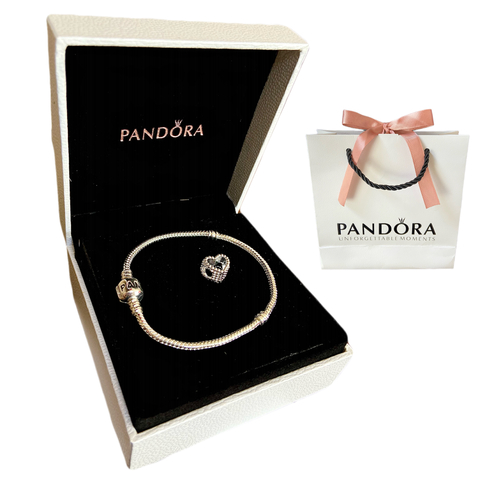 Pulseira escrito Pandora + caixinha de couro sintético + sacola da marca+ berloque de coração (BRINDE)