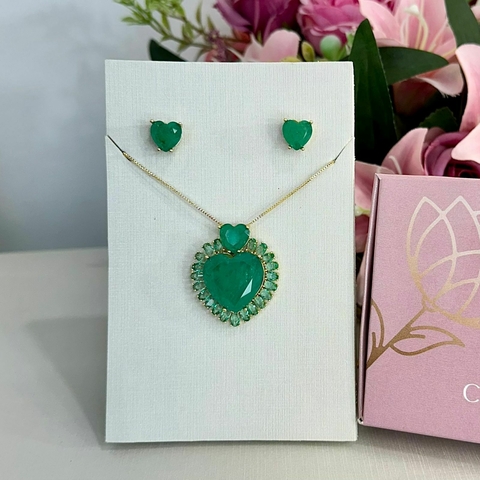 Conjunto Coração duplo com pedras verde - comprar online