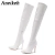 Aneikeh-sexy sobre as botas do joelho com zíper lateral para as mulheres, dedo apontado sapatos, saltos finos listrados, nova moda, primavera, 24 na internet