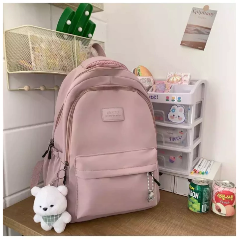 Mochila de grande capacidade para estudante, bolsa simples e versátil para menina, material poliéster unissex, decoração de boneca japonesa