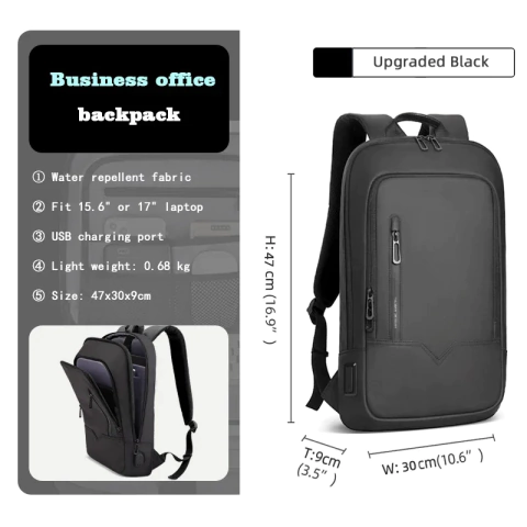 Mochila HK Slim para Homens, Sacos de Laptop, Impermeável, Minimalista, Negócios, Carregamento USB, Casual, Viagem, Trabalho, 15,6";;VERDADEIRO;;"8228-Black