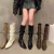 Botas altas para o joelho feminino, sapatos femininos, dobras deslizantes, salto baixo, dedo do pé redondo, plano, longo, moda, outono, inverno