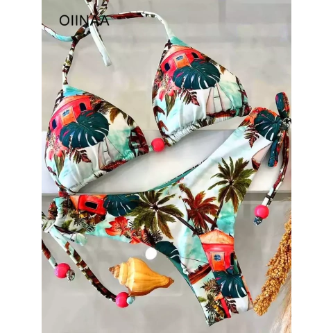 OIINAA-maiô sexy para mulheres, moda praia estampa halter, conjunto de biquíni com renda, maiô verão, moda praia sexy com cordão, 2 peças
