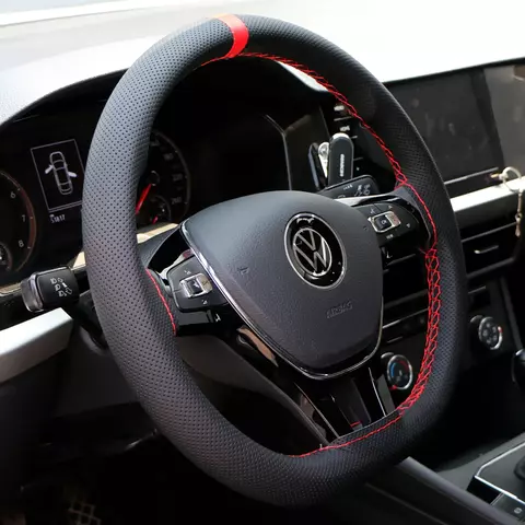 Capa de volante de carro feita à mão de 37-39cm, couro de microfibra perfurado, protetor de volante respirável e antiderrapante