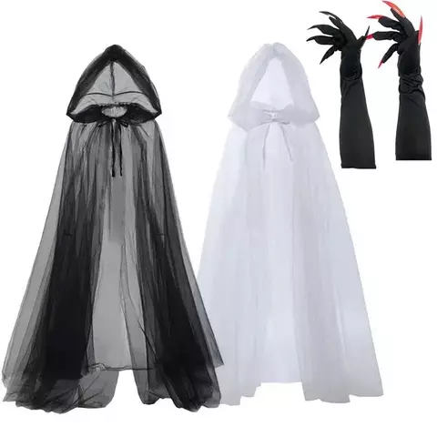 Capa de malha de bruxa vampiro para homens e mulheres, capa com capuz preta e branca para halloween, capa de feiticeiro horrível, fantasia de festa de carnaval, 150cm