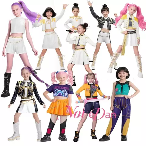 Huntrix dourado kpop caçadores de demônios rumi mira zoey cosplay traje crianças meninas festa aniversário halloween palco desempenho roupas
