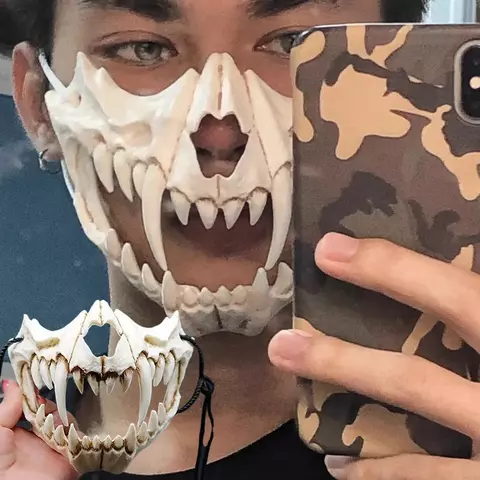 Festa crânio máscara dentes longos demônio esqueleto meia máscara facial lobo dragão tigre houjuu nue máscara cosplay traje de halloween adereços