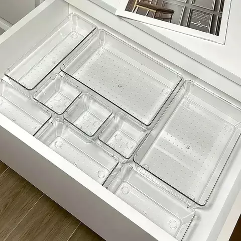 7 pçs/set organizadores de gaveta de mesa conjunto plástico banheiro armazenamento organizador de maquiagem transparente caixa de armazenamento organizador de gaveta