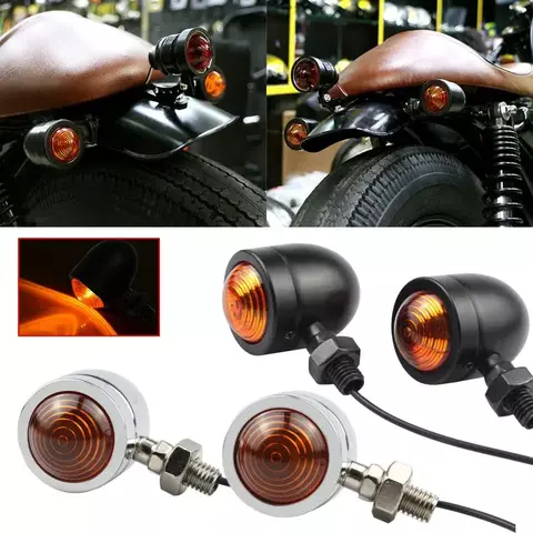 2/4 pçs universal metal retro motocicleta turn signal light preto cromo bala luzes de corrida âmbar piscas 12v lâmpada indicadora
