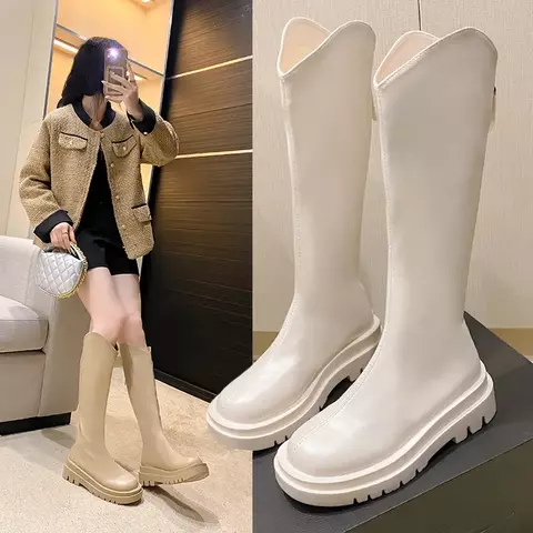 Botas de Cano Alto Estilo Britânico Fenas da Moda com Sola ssa, Botas Longas Impermeáveis com Platorma, Bico ...