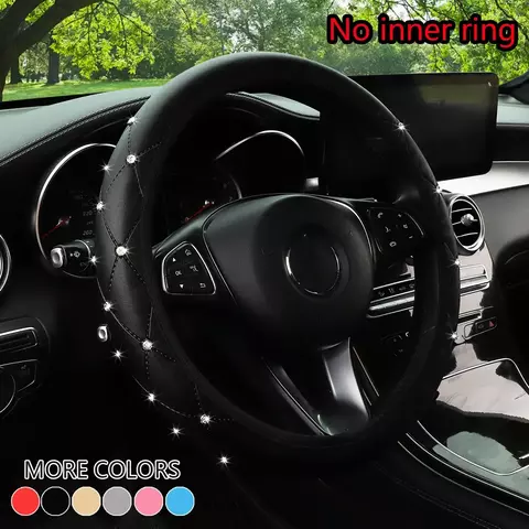 Capa de volante de carro em couro PU com diamante em relevo, decoração interior sem aro brilhante para todas as estações