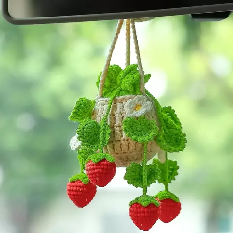 Cesta de suspensão de crochê de planta de carro, planta de suspensão de morango para decoração de carro, encantos de ornamentos de carro para espelho retrovisor