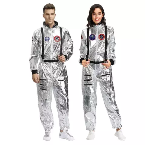 Adulto prata astronauta traje das mulheres dos homens spaceman terno espaço macacão halloween cosplay festa vestir-se