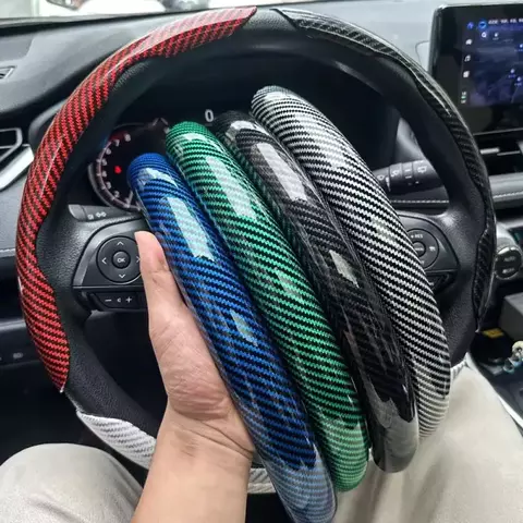 3 pçs laser de fibra de carbono silicone carro redondo volante capa de fibra de couro roda impulsionador capa automática antiderrapante peças universais