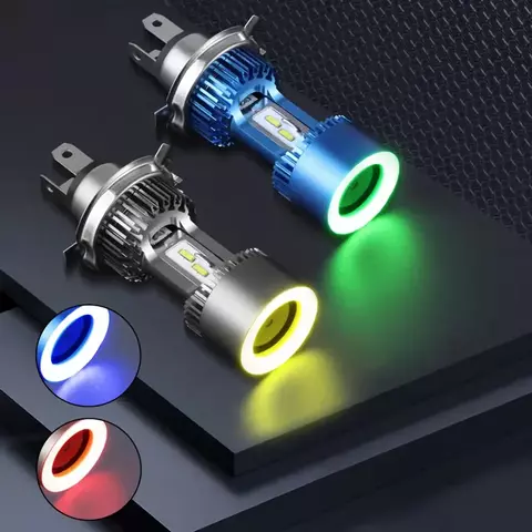 1x plug & play farol de motocicleta led h4 cinco cores halo anel hs1 p43t moto auto scooter lâmpada anjo olho branco 6000k 12/24v