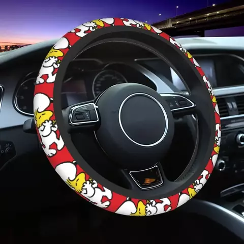 Capa de volante do carro vermelho snoopy woodstock universal trança dos desenhos animados na capa de volante estilo do carro acessórios automóveis