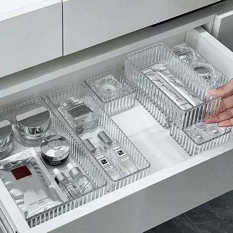 Conjunto de organizadores de gaveta de mesa ilimitados, plástico, armazenamento de banheiro, organizador de maquiagem, transparente, caixa de armazenamento, acessórios de cozinha