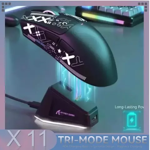 Mouse para jogos sem fio tri-mode Attack Shark X11 26K DPI PAW3311 Sensor, 2.4G/Bluetooth/com fio tri-modo, 400 IPS