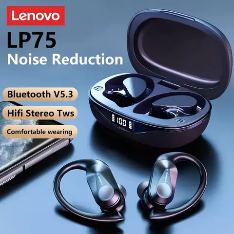 Lenovo lp75 ture fones de ouvido sem fio tws bluetooth 5.3 redução ruído esportes gancho alta fidelidade estéreo à prova dwaterproof água jogos