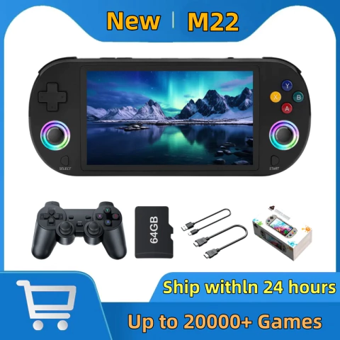 Novo 128gb m22 pro portátil bolso retro console de videogame portátil 5.0 Polegada tela ips 1920*1080 display suporte linux emelec