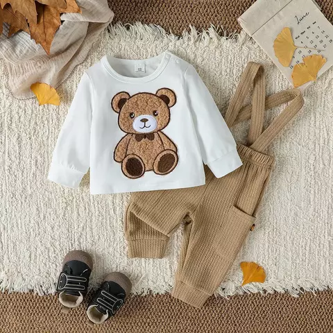 2 pçs bebê meninos outono bonito manga longa topo com urso + botão macacão playsuit define roupas casuais