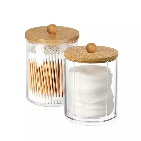 Suporte para almofada de algodão, 2 peças, frascos de banheiro, organizador de caixa de armazenamento, armazenamento de almofada de algodão com tampa de bambu, durável, à prova de poeira