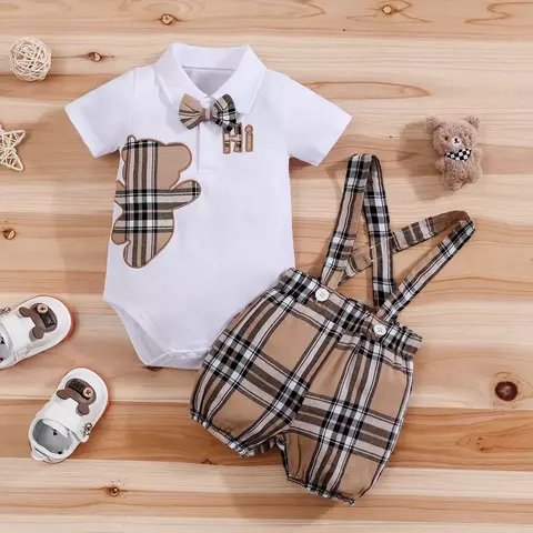 Conjunto de roupas de bebê murnxb, 2 peças, manga curta, meninos, infantil, xadrez, urso, body + suspensórios, calças, conjunto geral, roupas para recém-nascidos de 1 a 18 meses