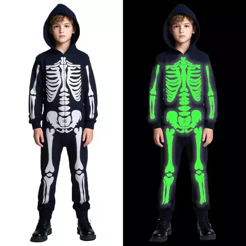 Halloween meninos trajes esqueleto horror preto luminoso fantasma apertado com capuz macacão palco papel traje desempenho terno