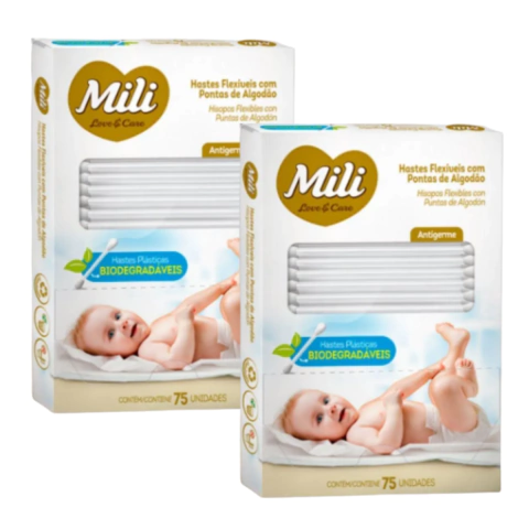 Cotonete Hastes Flexíveis 2 caixas c/ 150 unidades Biodegradável - MILI