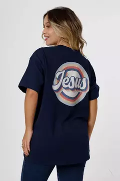 T-SHIRT OVERSIZED ESTAMPADA JESUS FRENTE E COSTAS - COR AZUL MARINHO