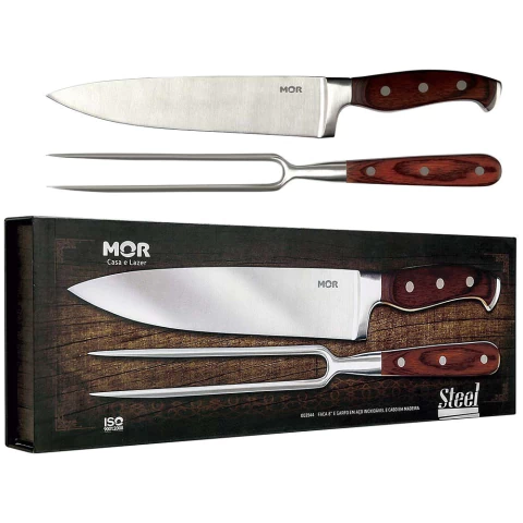 Faca Garfo Kit Churrasco Inoxidável Cabo Madeira Mor 2pcs