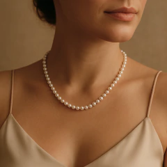 Colar clássico de pérolas brancas de 8mm usado por mulher com vestido bege