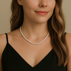 Colar Bonita com pérolas, usado por uma mulher com blusa preta.