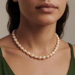 Colar de pérolas pêssego usado por uma mulher, com foco no pescoço.