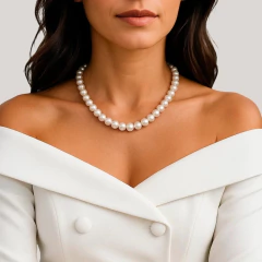 Mulher usando colar clássico de pérolas brancas Clair de Lune com vestido branco ombro a ombro
