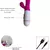 Vibrador recarregável com detalhe de glande e estimulador clitoriano, mostrando botão ON/OFF e conexões para carregamento.