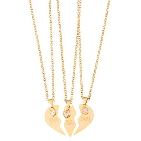 COLAR CORAÇÃO 3 PARTES COM PEDRINHAS CRISTAIS