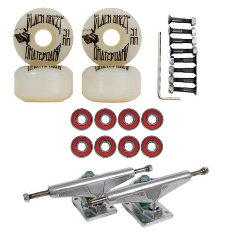 Roda de Skate 51mm Branca + Rolamentos Abec 5 + Truck Polished Solid 139mm Prata + Parafuso de Base Black Sheep 8mm
