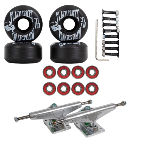 Roda de Skate 51mm Preta + Rolamentos Abec 5 + Truck Polished Solid 139mm Prata + Parafuso de Base Black Sheep 8mm