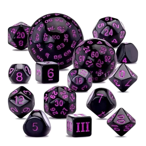 DADOS DE ROL NEGROS NUMEROS LILAS, ESFERICOS, CUADRADOS x15