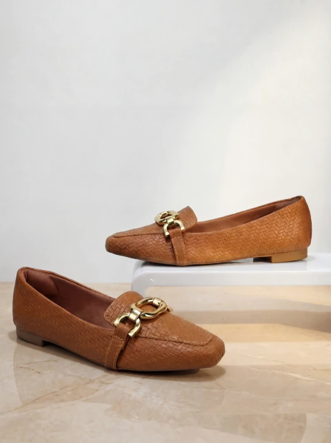 Sapatilha Mocassim Bico Quadrado Feminino Tresse Caramelo Enf Oval