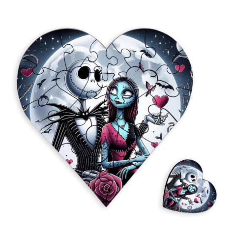 Quebra Cabeça em Mdf Jack Skellington e Sally 23 peças Formato de Coração