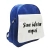 Mochila infantil pequena azul com bolso branco personalizado escrito "Sua ideia aqui"