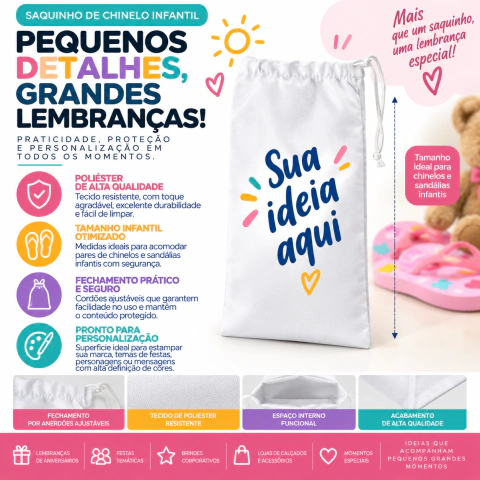 Saquinho de chinelo infantil em tecido poliéster branco com cordão ajustável, destacando personalização com texto "Sua ideia aqui".