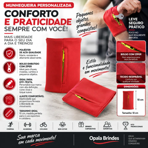 Munhequeira personalizada vermelha em poliéster com bolso de zíper, mostrada em duas posições, destacando conforto, praticidade e uso para guardar pequenos objetos durante atividades físicas