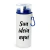Squeeze personalizado de alumínio branco com tampa acrílica cristal e mosquetão azul, capacidade de 600 ml, com texto "Sua ideia aqui" na frente