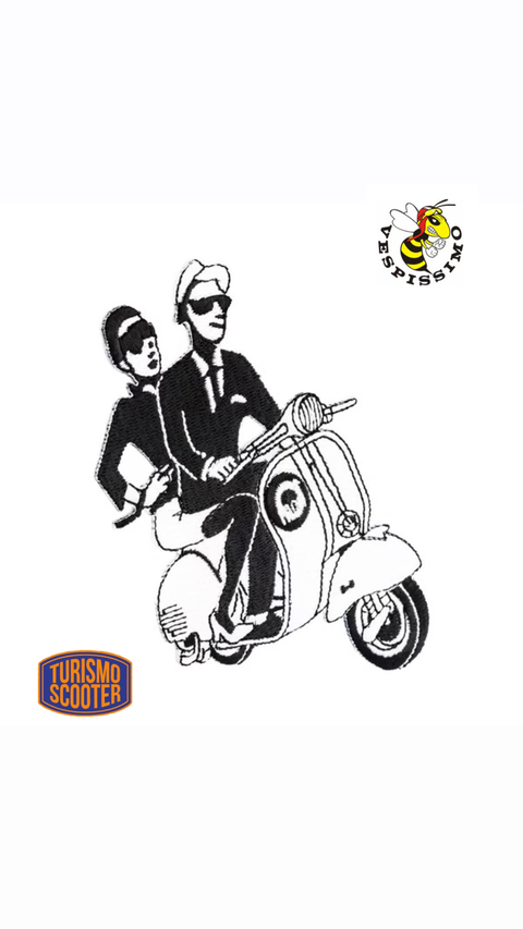 Parche con motivo "Hombre bicolor con acompañante en vespa" - comprar online