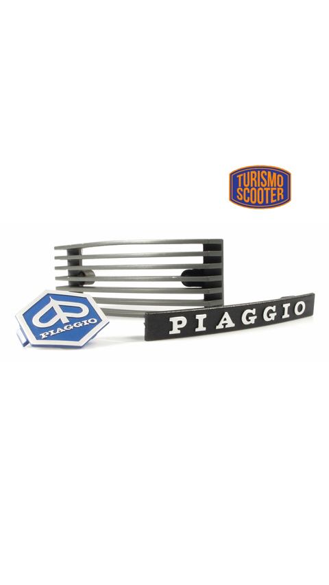 Kit de frontal (letrero/rejilla NEGRA/logotipo) para Vespa PX80-200/​PE/​Lusso/​T5 Classic