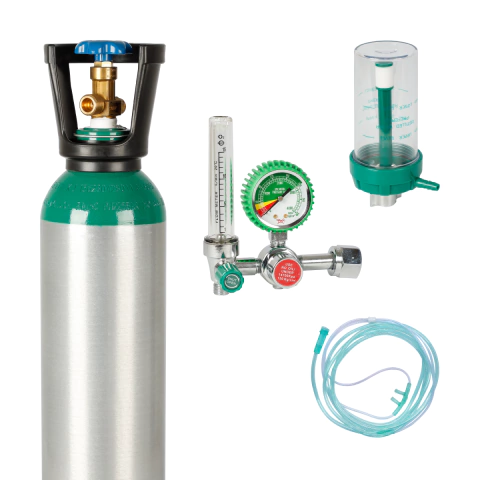 Kit Cilindro Alumínio Vazio P/Gás Oxigênio Medicinal 5L Certificado + Regulador de Pressão C/Fluxômetro, Cateter Nasal C/Extensão e Umidificador