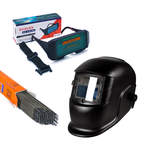 Kit Máscara Solda Automática Regulagens Internas DIN 9-13 + Óculos Soldador Escurecimento Automático + Eletrodos 6013